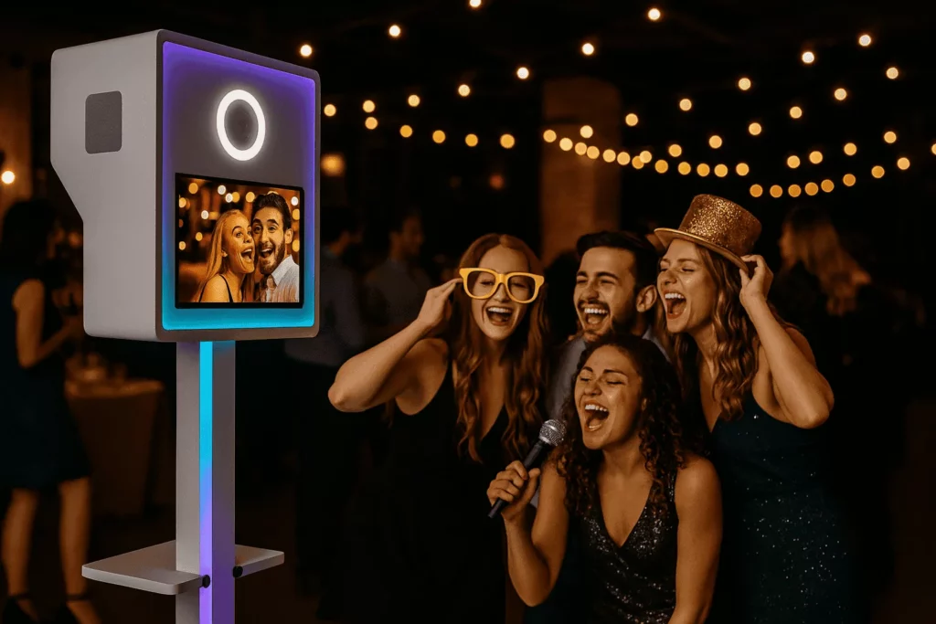 Fotobooth München bei Blankoon, stimmungsvolle Veranstaltung, Spaß mit Freunden, moderne Lichttechnik, perfekte Party in München.